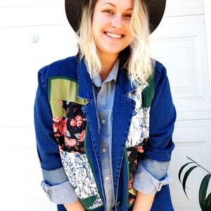 Upcycled Chic Patchwork Denim Jacket Oversized Cottagecore